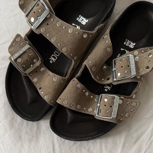 Birkenstock Taupe Suede Sandals with Silver Buckles - Arizona rivet-